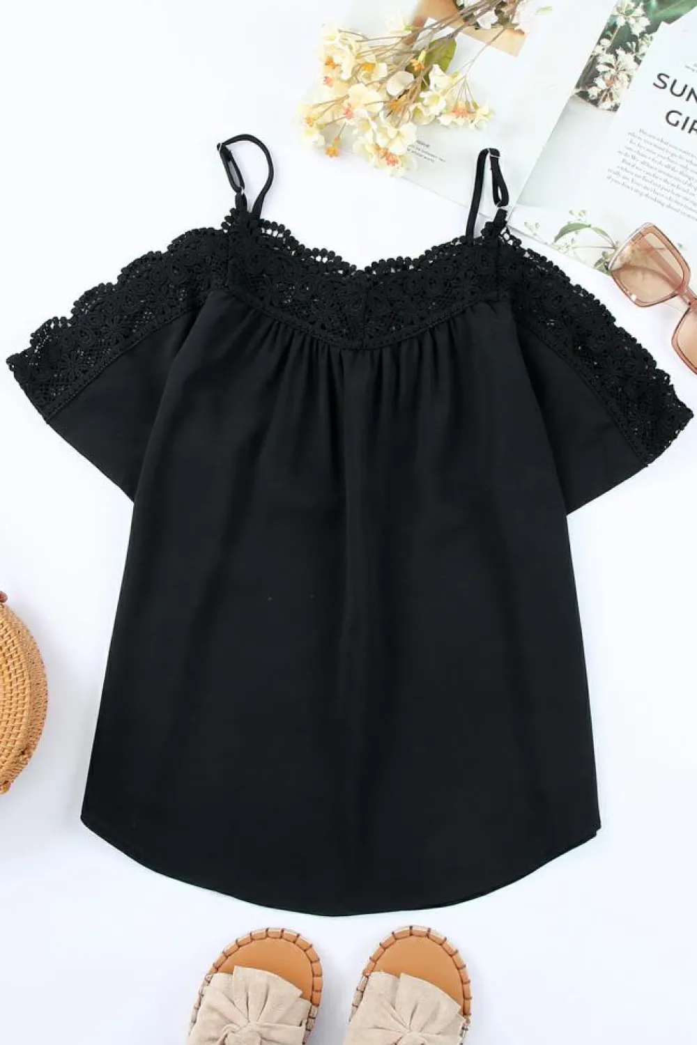 Best Dear-Lover Crochet Neckline Off-shoulder Short Sleeve Top Black