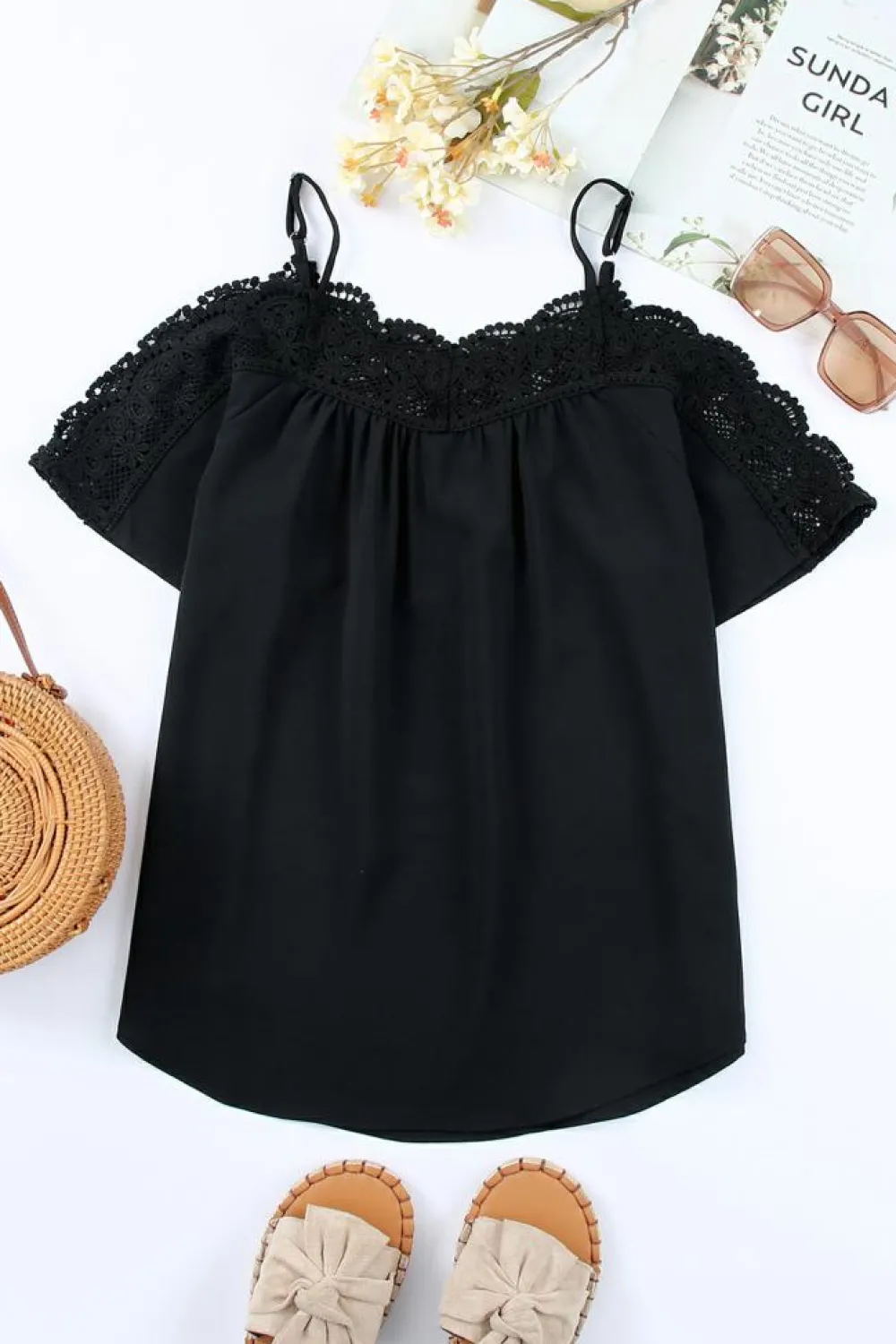 Best Dear-Lover Crochet Neckline Off-shoulder Short Sleeve Top Black
