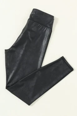 Clearance Dear-Lover Crossed Dip Waist Sleek Leather Leggings Black