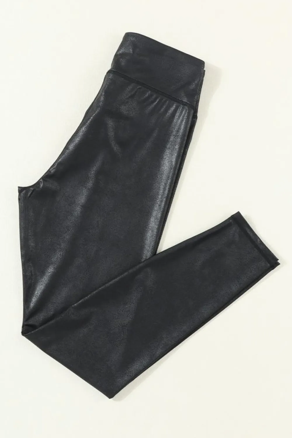 Clearance Dear-Lover Crossed Dip Waist Sleek Leather Leggings Black