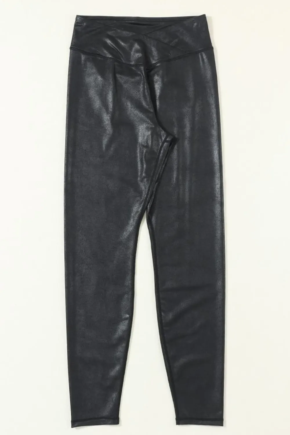 Clearance Dear-Lover Crossed Dip Waist Sleek Leather Leggings Black