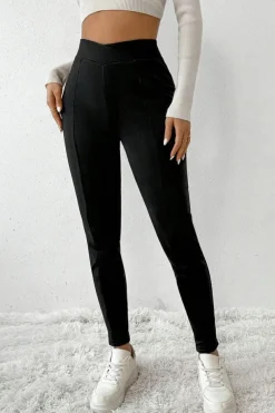 Discount Dear-Lover Crossed Waist Seamed Leg Thermal Leggings Black