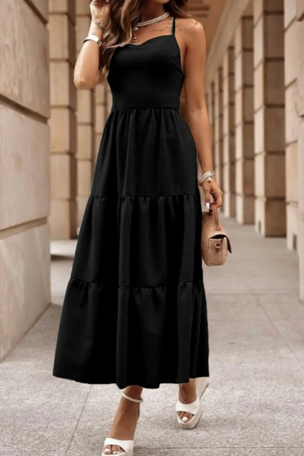 Hot Dear-Lover Crossover Backless Bodice Tiered Maxi Dress Black