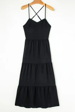 Hot Dear-Lover Crossover Backless Bodice Tiered Maxi Dress Black