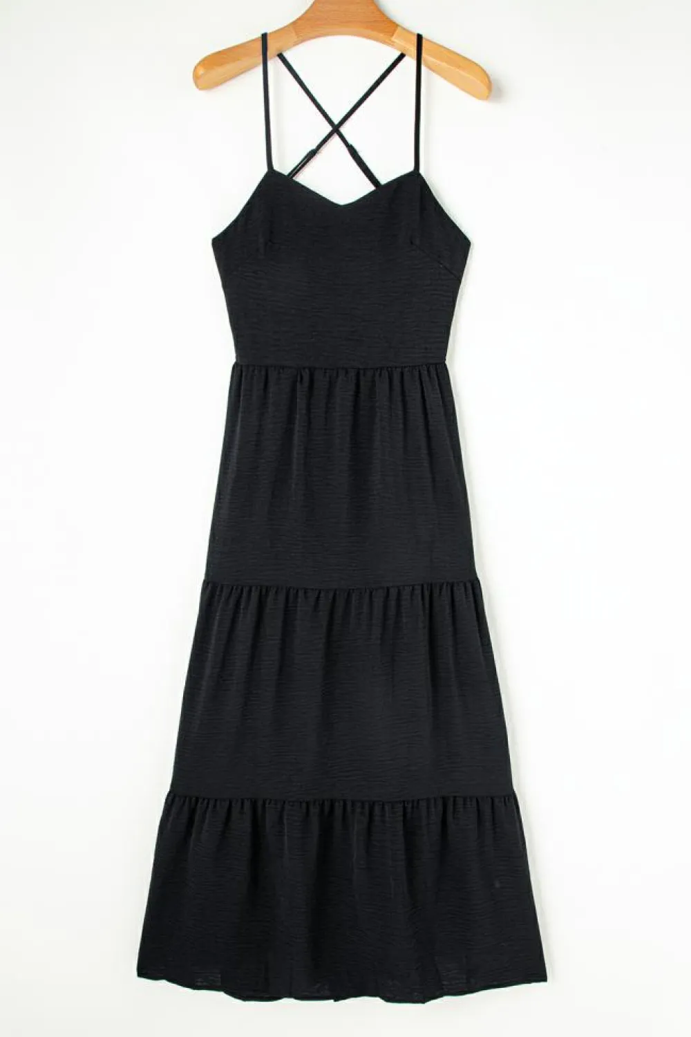 Hot Dear-Lover Crossover Backless Bodice Tiered Maxi Dress Black