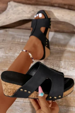 Outlet Dear-Lover Cut Out Rivet Slip-on Wedge Slippers Black