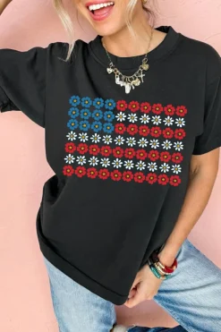 Clearance Dear-Lover Cute Flowers Make Up American Flag Trendy Graphic T Shirt Black