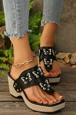 Discount Dear-Lover 3D Flower Butterfly Embellished Wedge Platform Slippers Black
