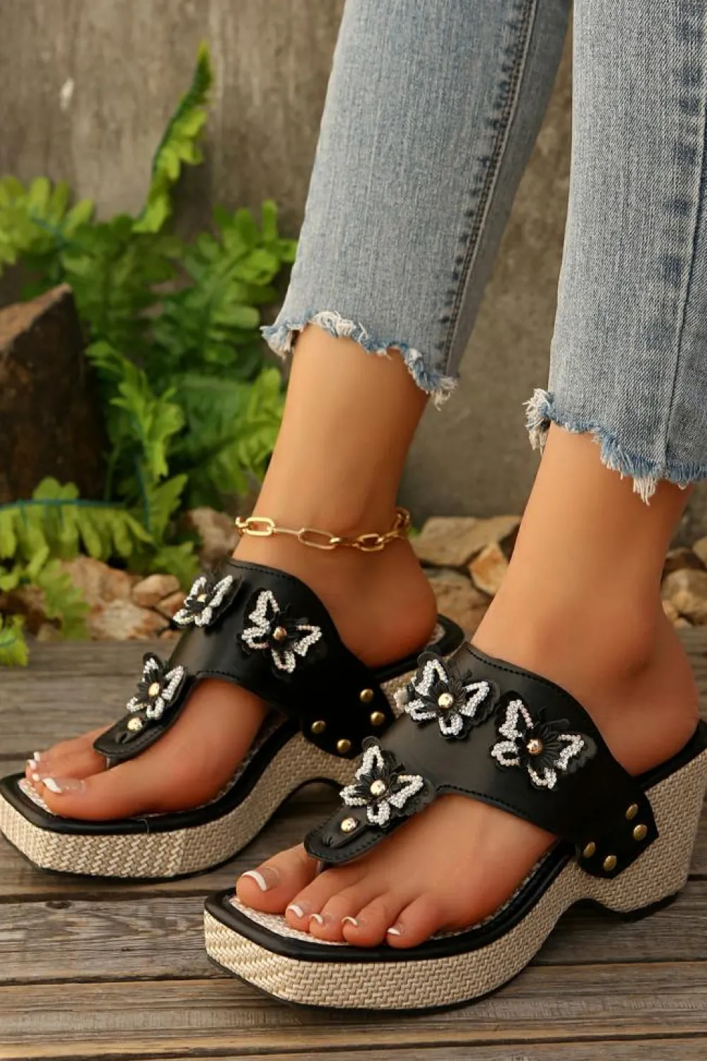 Discount Dear-Lover 3D Flower Butterfly Embellished Wedge Platform Slippers Black