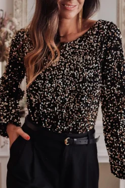 Fashion Dear-Lover Deep V Back Sequin Puff Sleeve Bodysuit Black