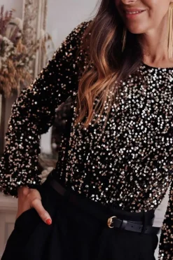 Fashion Dear-Lover Deep V Back Sequin Puff Sleeve Bodysuit Black