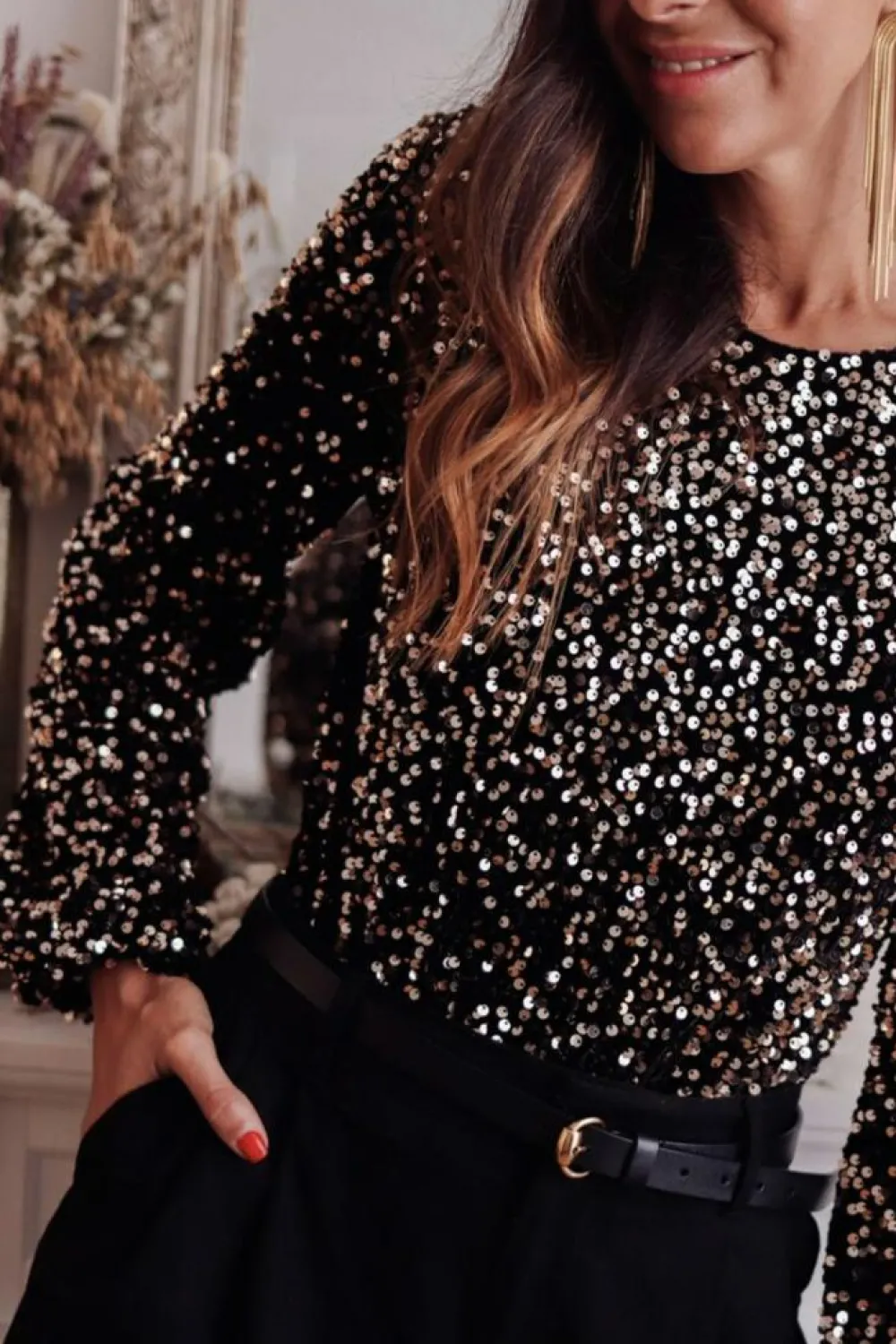 Fashion Dear-Lover Deep V Back Sequin Puff Sleeve Bodysuit Black
