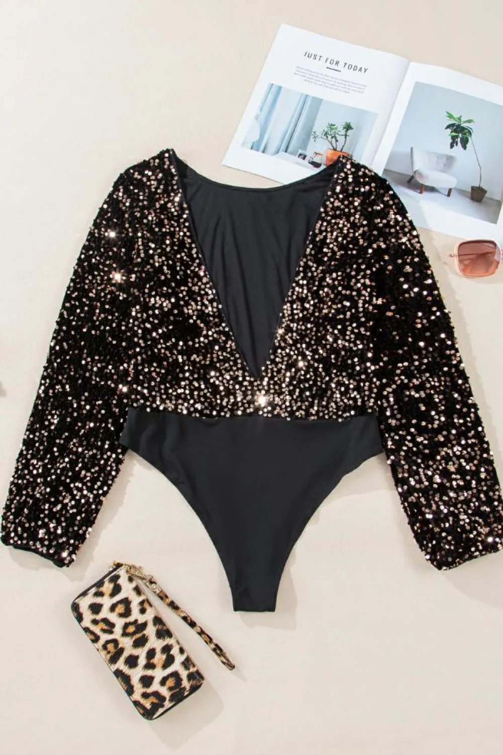 Fashion Dear-Lover Deep V Back Sequin Puff Sleeve Bodysuit Black