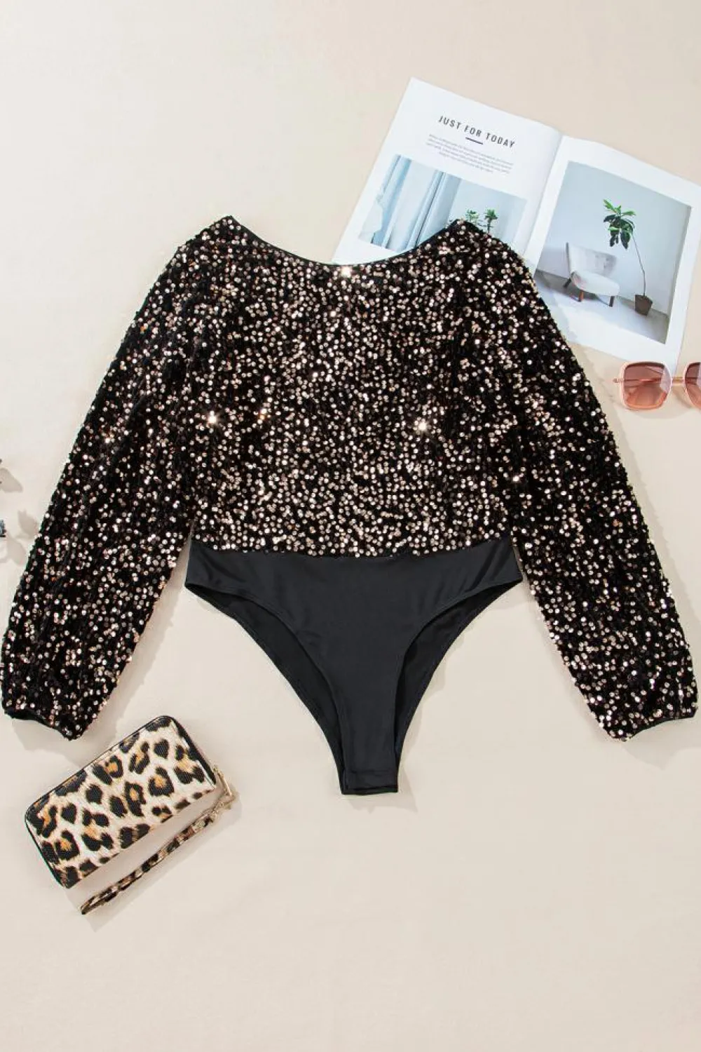 Fashion Dear-Lover Deep V Back Sequin Puff Sleeve Bodysuit Black