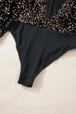 Fashion Dear-Lover Deep V Back Sequin Puff Sleeve Bodysuit Black