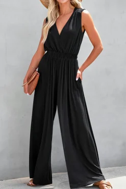 Outlet Dear-Lover Deep V Pleated Crisscross Wide Leg Backless Jumpsuit Black