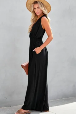 Outlet Dear-Lover Deep V Pleated Crisscross Wide Leg Backless Jumpsuit Black