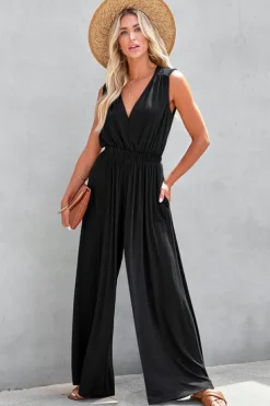 Outlet Dear-Lover Deep V Pleated Crisscross Wide Leg Backless Jumpsuit Black