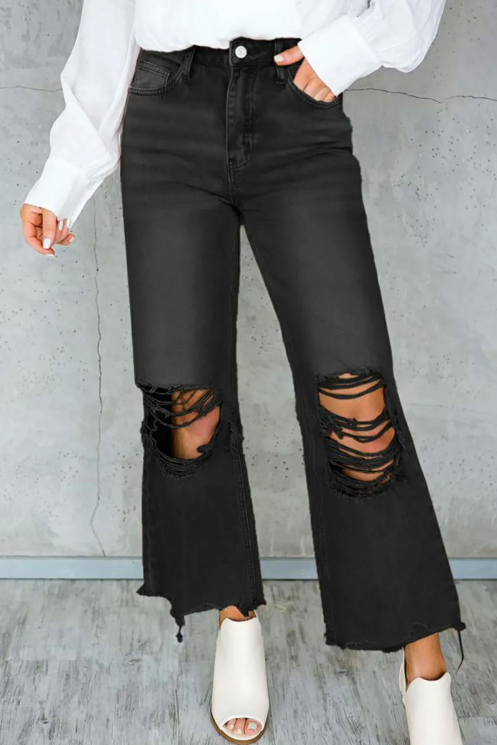 Hot Dear-Lover Distressed Hollow-out High Waist Cropped Flare Jeans Black