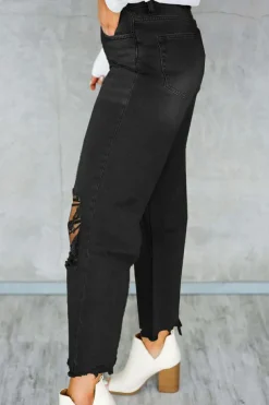 Hot Dear-Lover Distressed Hollow-out High Waist Cropped Flare Jeans Black