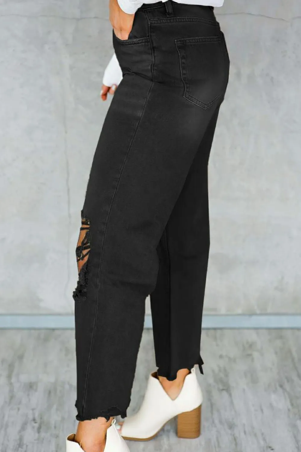 Hot Dear-Lover Distressed Hollow-out High Waist Cropped Flare Jeans Black
