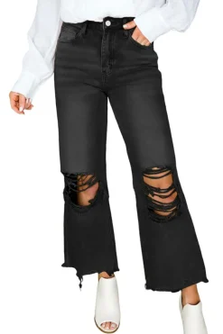 Hot Dear-Lover Distressed Hollow-out High Waist Cropped Flare Jeans Black