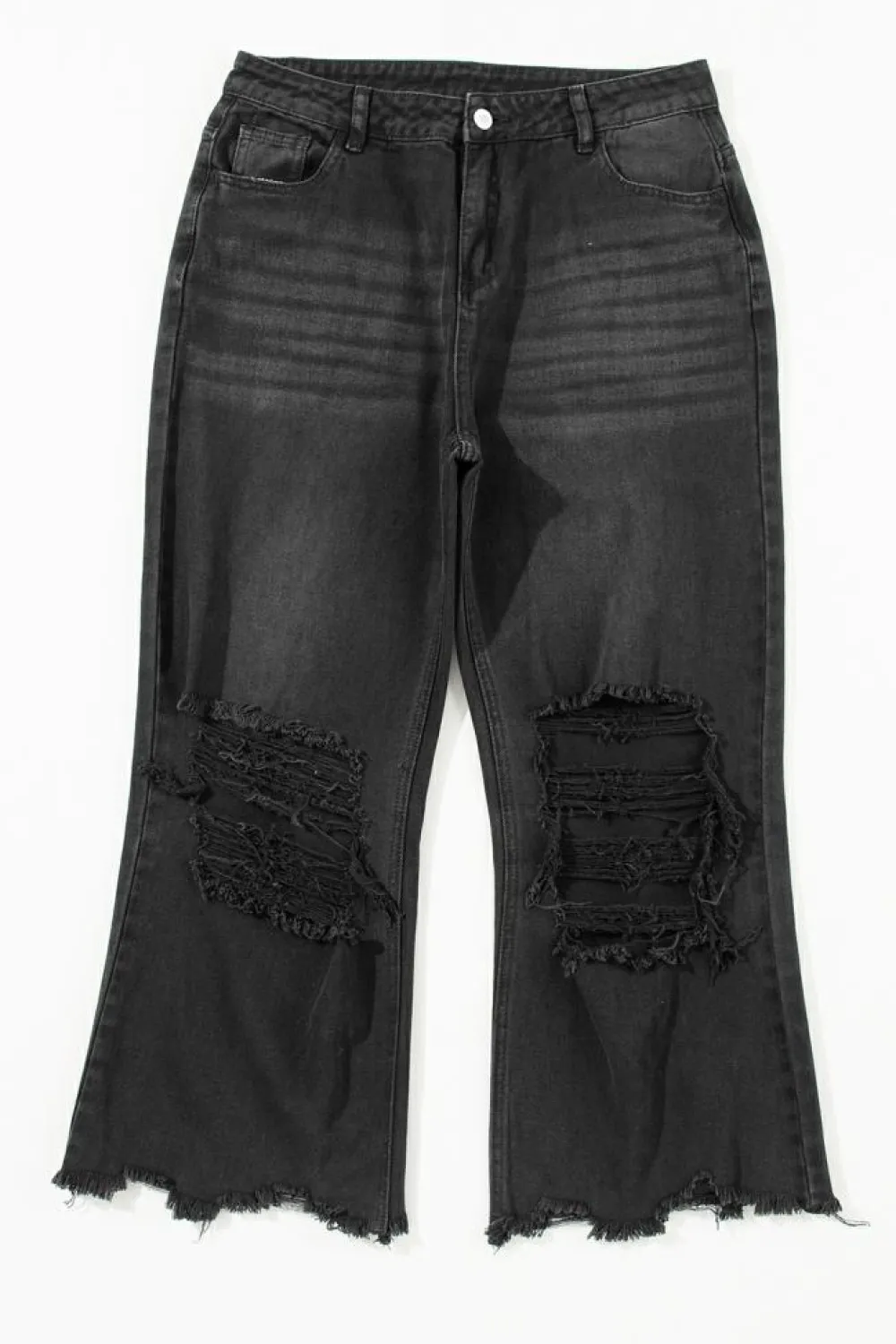 Hot Dear-Lover Distressed Hollow-out High Waist Cropped Flare Jeans Black