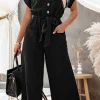 Hot Dear-Lover Dolman Button Belted V Neck Wide Leg Pocketed Jumpsuit Black