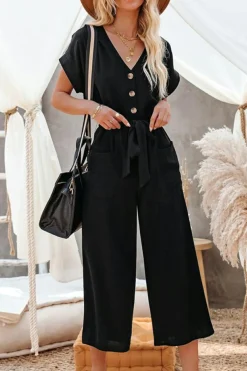 Hot Dear-Lover Dolman Button Belted V Neck Wide Leg Pocketed Jumpsuit Black