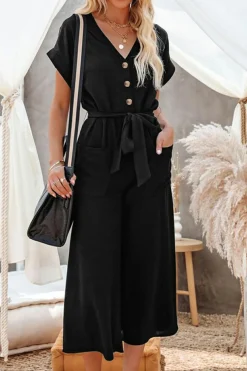Hot Dear-Lover Dolman Button Belted V Neck Wide Leg Pocketed Jumpsuit Black