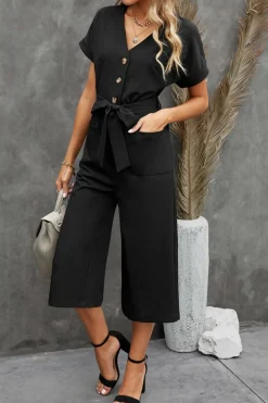 Hot Dear-Lover Dolman Button Belted V Neck Wide Leg Pocketed Jumpsuit Black