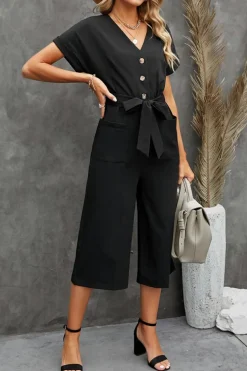 Hot Dear-Lover Dolman Button Belted V Neck Wide Leg Pocketed Jumpsuit Black