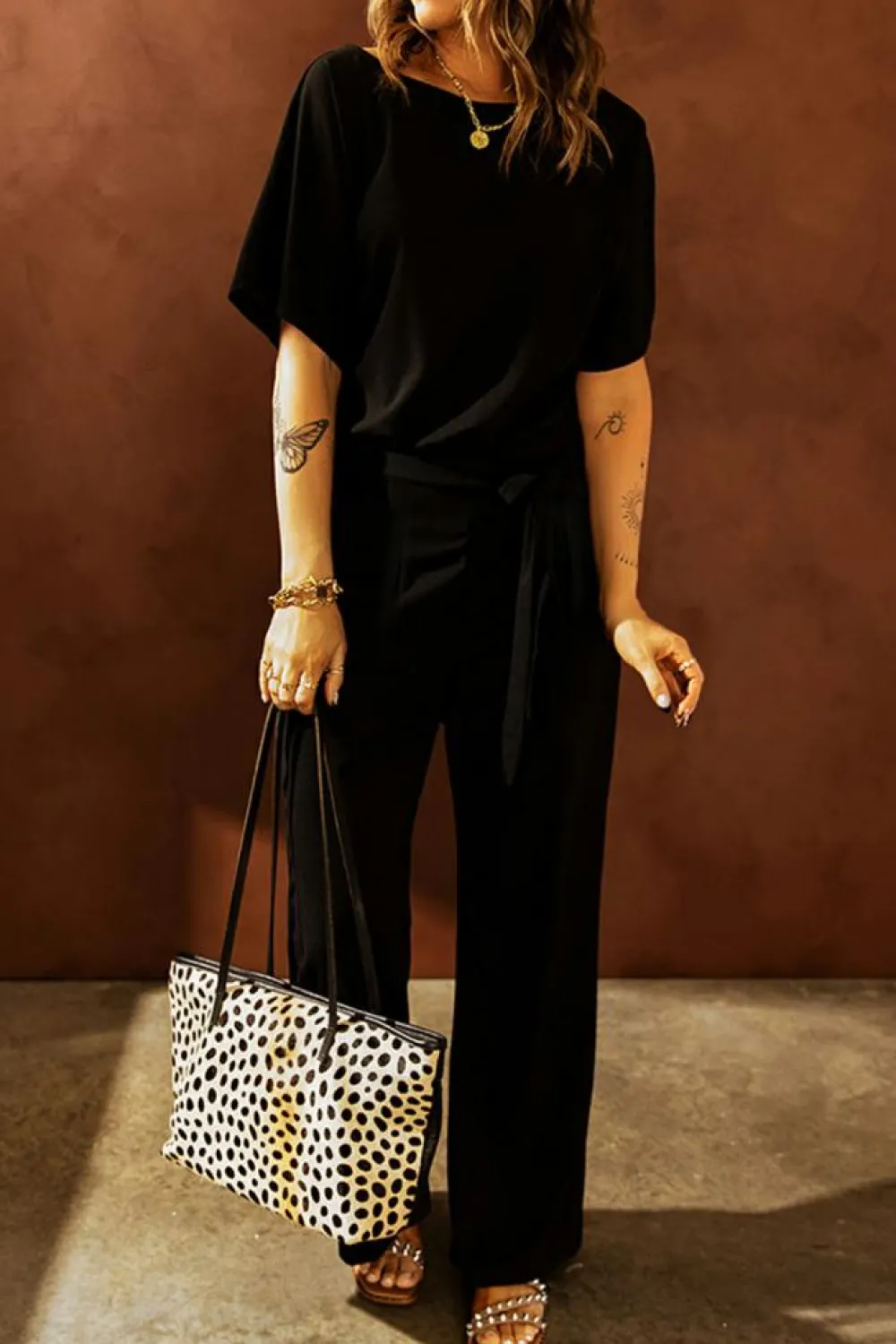 Online Dear-Lover Dolman Sleeve Belted Straight Leg Jumpsuit Black