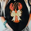 Clearance Dear-Lover Dotty Bow Knot Crawfish Printed T Shirt Black