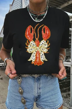 Clearance Dear-Lover Dotty Bow Knot Crawfish Printed T Shirt Black