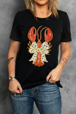 Clearance Dear-Lover Dotty Bow Knot Crawfish Printed T Shirt Black