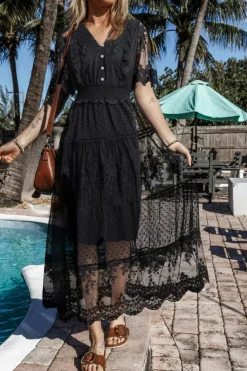 Hot Dear-Lover Dotty Lace Mesh Flowy Maxi Dress Black