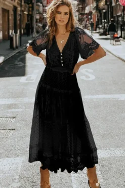 Hot Dear-Lover Dotty Lace Mesh Flowy Maxi Dress Black