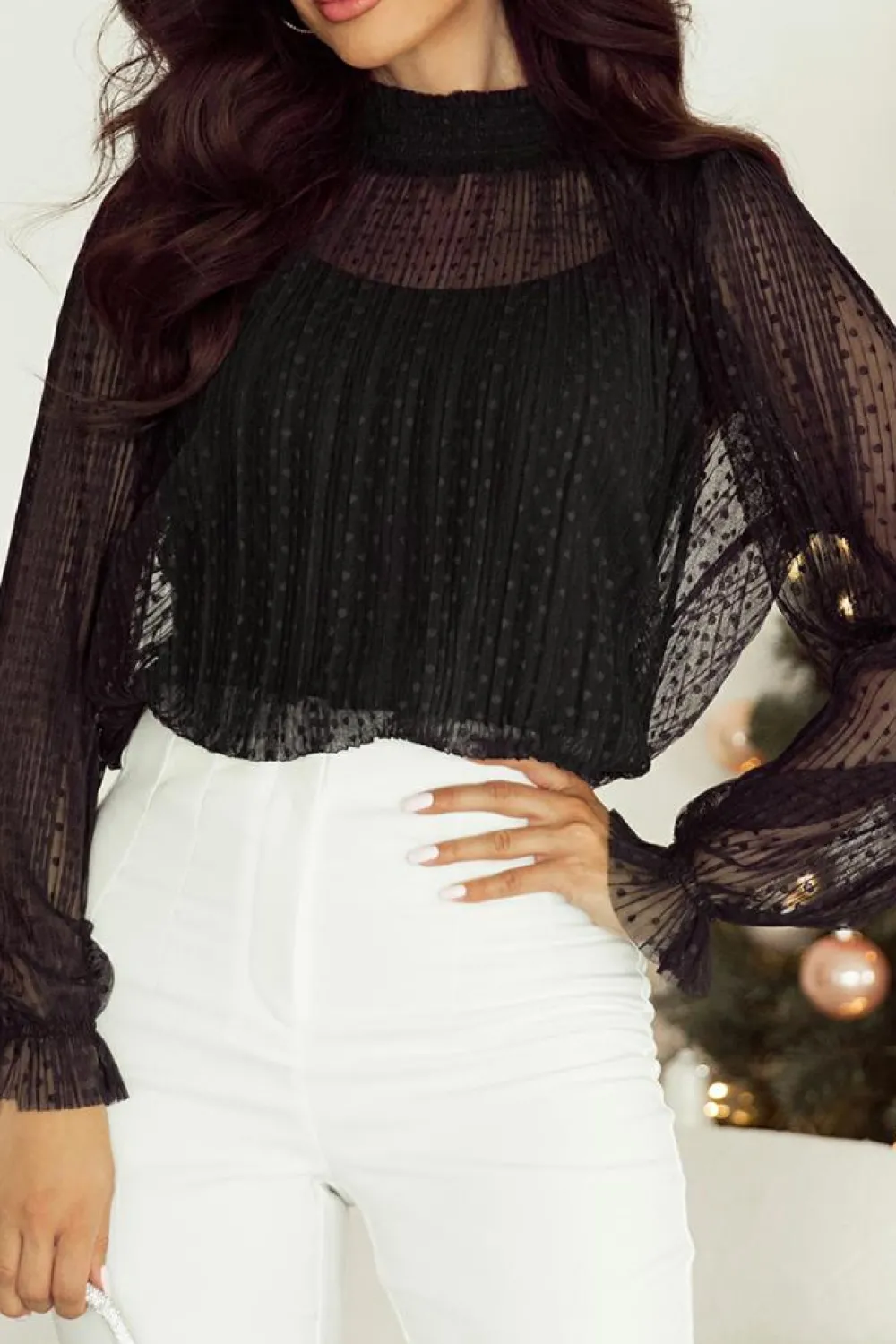 Best Dear-Lover Dotty Lace Sheer Mock Neck Long Sleeve Blouse Black