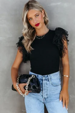 Online Dear-Lover Dotty Mesh Ruffle Sleeve Ribbed Knit Top Black