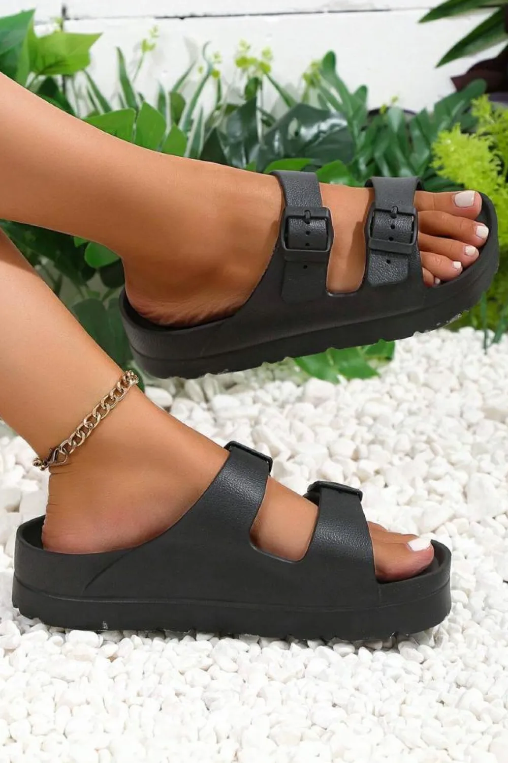 New Dear-Lover Double-buckle EVA Slippers Black