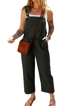 Online Dear-Lover Drawstring Buttoned Straps Cropped Overall Black