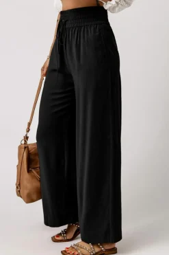 Fashion Dear-Lover Drawstring Elastic Waist Casual Wide Leg Pants Black