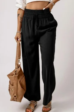 Fashion Dear-Lover Drawstring Elastic Waist Casual Wide Leg Pants Black