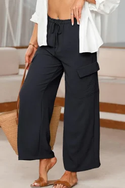 New Dear-Lover Drawstring Frilled Waist Wide Leg Utility Trousers Black
