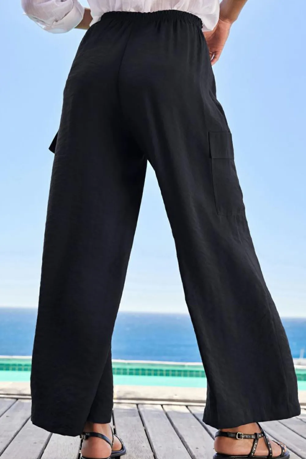 New Dear-Lover Drawstring Frilled Waist Wide Leg Utility Trousers Black