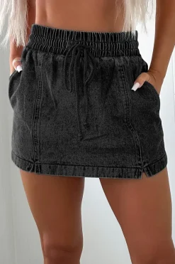 Discount Dear-Lover Drawstring High Waist Pocketed Denim Shorts Black