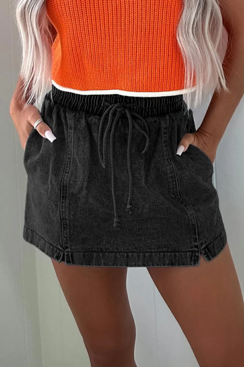 Discount Dear-Lover Drawstring High Waist Pocketed Denim Shorts Black