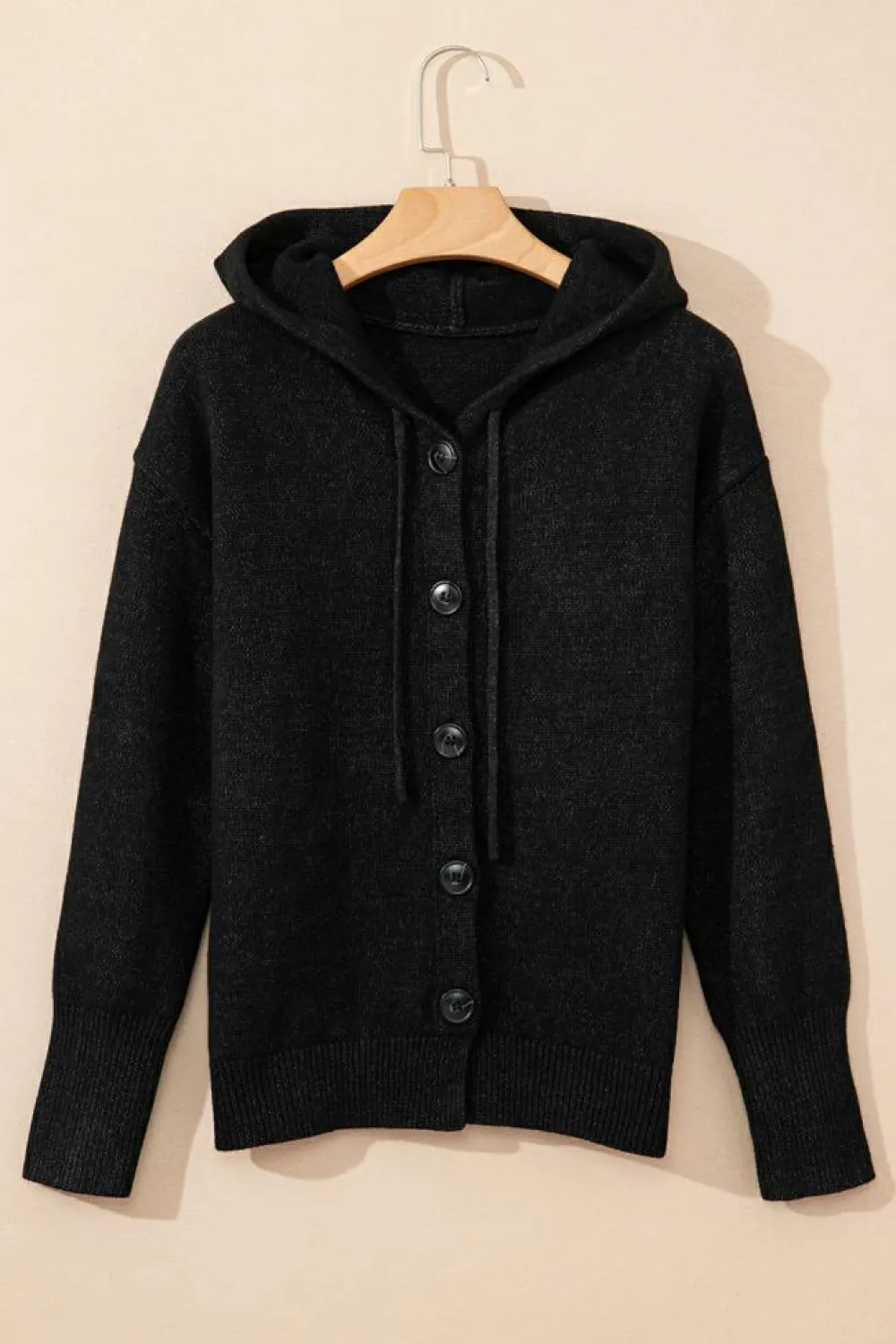 Hot Dear-Lover Drawstring Hooded Button Up Drop Shoulder Sweater Cardigan Black