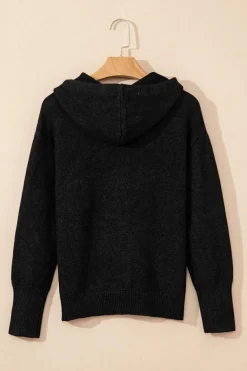 Hot Dear-Lover Drawstring Hooded Button Up Drop Shoulder Sweater Cardigan Black